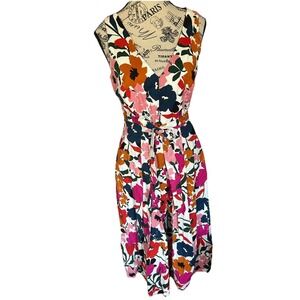 Donna Morgan Sleeveless Dress Size 6 Floral Midi Tie Waist Pockets Colorful
